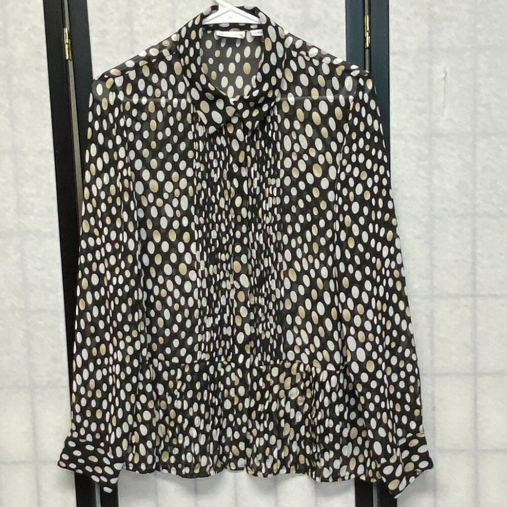 Liz Claiborne L Sheer Pintuck Peplum Front Long Sleeve Polka Dot Button Blouse